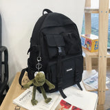 WIAOFELLAS  -  Students Black School Backpack Portable Nylon Cloth Multi Pocket Eco-friendly Unisex Knapsack Lovers' Frog Pendant Rucksack