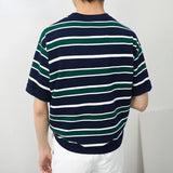 Wiaofellas  -  Summer Men Stretched Tee Shirt Patchwork Color Stripe Knitted T Shirt Homme Short Sleeve O-Neck Casual T-Shirt A59