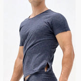 Wiaofellas  -  New Men's Tight Fit Solid Color T-Shirt Basic Stretch Cotton Tee Slim Casual Shirt Summer Breathable Top Male Fashion