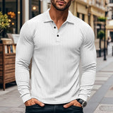 WIAOFELLAS  -  Elastic Pit Strip Polo Shirts Men Cross-border Polo Shirt 2025 Autumn Men's Classic American Lapel Button-up Long-sleeve T-shirt