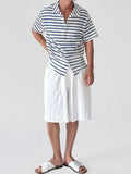 Wiaofellas  -  Daily Leisure Mens Short Sleeve Knit Shirt Summer Outdoor Casual Striped Knitted Cardigan Tops Men Stylish Buttoned Lapel Shirts