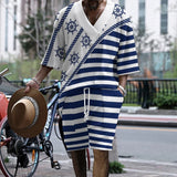 WIAOFELLAS  -  Summer Vintage Striped Jacquard Knit Mens Outfits Oversize Short Sleeve V Neck Tops And Shorts Two Piece Sets Men Knitted Suits