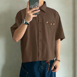 Wiaofellas  -  Men's Shirt Solid Color Streetwear Lapel Short Sleeve Tops Summer Men Clothes Loose Korean Style Fashion Shirts For Man