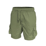 Wiaofellas  -  New Summer Pure Color Drawstring Shorts Men Vintage Patches Pockets Design Cargo Shorts Casual Tie-up Loose Straight Shorts Male