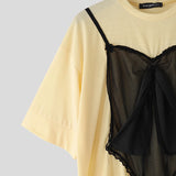 WIAOFELLAS  -  Men T Shirt Lace Patchwork O-neck Short Sleeve Loose Male Tee Tops Streetwear Summer 2025 Fashion Men Clothing S-5XL