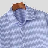 WIAOFELLAS  -  Men Striped Shirt Lapel Short Sleeve Pockets Men Clothing Streetwear Loose Button Korean Style Fashion Casual Male Tops
