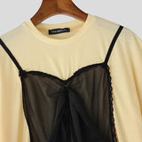 WIAOFELLAS  -  Men T Shirt Lace Patchwork O-neck Short Sleeve Loose Male Tee Tops Streetwear Summer 2025 Fashion Men Clothing S-5XL