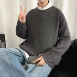 Wiaofellas  -  Autumn Crew Neck Solid Color Pullover Sweaters For Men Casual Y2K Knitted Sweater High Street Fashion Jumpers Hombre