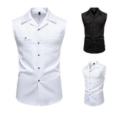 WIAOFELLAS  -  Men's Sleeveless Lapel Solid Color Shirt American Fashion Trend Simple Slim Breathable Business Daily Summer New Men's Tops
