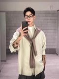Wiaofellas  -  Men Blue Striped Long Sleeve Shirt Detachable Shawl Design American Style Loose Oversized Casual Tops Fashion Trend Retro