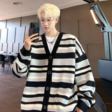 WIAOFELLAS  -  Autumn Striped Cardigan Sweater Men Korean Knitted Sweater Pullover Harajuku Hip Hop Streetwear Loose Knitwear Coat Male Clothes