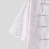 Wiaofellas  -  Men's Shirt Striped Patchwork Lapel Half Sleeve Button Men Clothes Streetwear Summer Vintage Casual Tops For Man