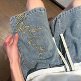 WIAOFELLAS  -  2025 New Men Summer Fashion Floral Embroidery Denim Shorts Male Loose Jeans Shorts Men High Waist Straight Short Pants P893