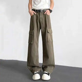 WIAOFELLAS  -  solid color men's casual pants american big side pocket cargo trousers straight new male simple wide leg bottom
