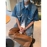 WIAOFELLAS  -  Denim Men's Shirt Solid Color Raw Edge Lapel Niche Design Short Sleeve Washing Clothing Single Breasted Male Tops