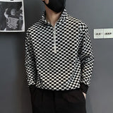 Wiaofellas  -  Fashion Stand Collar Zipper Printed Plaid Sweatshirts Mens Clothing Winter Loose Casual Tops All-match Warm Sweatshirts