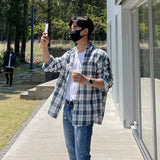 WIAOFELLAS  -  Vintage 2025 Summer Men's Plaid Loose Korean Style Shirts Fashion New Casual Single-breasted Long Sleeves Tops Male