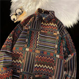 WIAOFELLAS  -  Retro Shirt Cuban Vintage Shirt Men's Loose Autumn Winter Woolen Coat Long-sleeved Shirt Couple Geometric Pattern Button Blouse