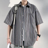 Men's Casual Breathable Short Sleeve Shirt Vertical Stripe Color-Block Lapel Relaxed Fit Trendy Summer Style Top
