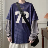 Wiaofellas  -  Trendy Long Sve Digital Print Loose Men's T-irt Autumn American Splicing Color Blo Couple Base irt Youth  Sle