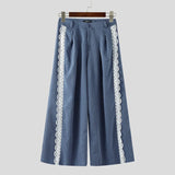 WIAOFELLAS  -  Men Wide Leg Pants Lace Patchwork Button Pleated Joggers Trousers Men Streetwear 2025 Oversize Fashion Casual Long Pants
