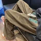 WIAOFELLAS  -  Retro Corduroy Casual Pants Men Spring Straight Loose Wide-leg Trousers Embroidery Drawstring High Street Long Pants