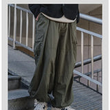 WIAOFELLAS  -  Spring Autumn Men's Clothing Solid Color Elastic Pockets High Waist Casual Loose Fashionable Trousers Cargo Wide Leg Pants