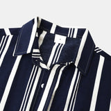 Wiaofellas  -  Fashion New Men's Hawaiian Cotton Shirts Trun-down Collar Striped Shirt Loose Short Sleeve Men's Casual Buttons Beach Shirts