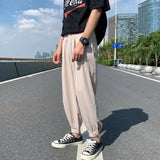 Wiaofellas  -  Trendy Ice Silk Cuffed Trousers Men's Summer Casual Loose Fit Sporty Straight Leg Pants Harajuku Style mid Waist Pocket Detail