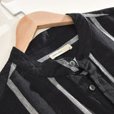 Wiaofellas  -  Literature and Art Retro Stripe Linen Short Sleeve Shirt Men's Loose Stand Collar Linen Shirt