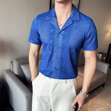 WIAOFELLAS  -  Summer Men's Short-Sleeve See-through Lace Shirt Sexy Button Up Slim Fit Perspective Men Shirts V-Neck Solid Streetwear Tops 4XL