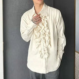 WIAOFELLAS  -  Medieval Palace Style Standing Collar Lotus Leaf Placket Long Sleeve Shirt Neutral Style Design Shirt Men's Performance Costume