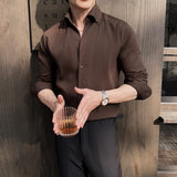 WIAOFELLAS  -  High End Business Formal Long Sleeve Striped Shirt for Men Casual V-Neck Slim Men's Dress Shirts Resistant Wrinkle Versatile Top