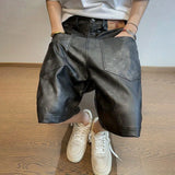 WIAOFELLAS  -  Mens Clothing Y2k Hip-Hop Shorts Summer Fashion Retro Versatile Faded Old Solid Color Pu Leather Reverse Wear Five-Point Shorts