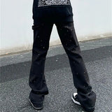 Wiaofellas  -  Kanye Graffiti Ink Painted Flared Jeans Cargo Y2K Pants Men Clothing Brown Straight Hip Hop Long Trousers Pantalones Hombre