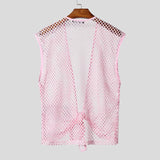 WIAOFELLAS  -  Summer Men Tank Tops Mesh Hollow Out Sleeveless V Neck Lace Up Male Vests 2025 See Through Vacation Cardigan Men S-5XL