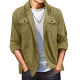 WIAOFELLAS  -  Fashion Suede Shirt For Men's Clothing Spring Autumn Casual Solid Color Pocket Long Sleeves Turn-down Collar Coats Loose Tops