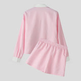 WIAOFELLAS  -  Men Sets Printing Striped Patchwork Streetwear Lapel Long Sleeve Shirt Crop Tops & Shorts Two Pieces Sets 2025 Men Suits