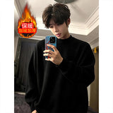 WIAOFELLAS  -  Korean Loose Fit Thiened ey round Ne Sweater Men's Autumn Winter Fce Lined Knitted irt American Sle Base Layer