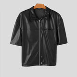 Wiaofellas  -  Solid Color Men Shirt Faux PU Leather Lapel Short Sleee Men Clothing Zipper Summer Streetwear Fashion Casual Camisa