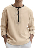 WIAOFELLAS  -  95% Linen Shirt Mens Patchwork Henry Collar Long Sleeved Pullover Top Spring Autumn Casual loose sports shirts Tee Streetwear