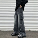WIAOFELLAS  -  Vintage Patchwork Plaid Cargo Jeans Men Women Baggy Denim Trousers Streetwear Hip Hop Multi-Pockets Safari Style Casual