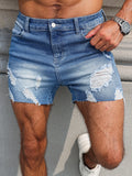 WIAOFELLAS  -  Men's blue denim shorts. The ripped and worn style is popular.