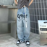WIAOFELLAS  -  Spring Autumn Baggy Jeans Men Streetwear Hip-hop Letters Embroidery Denim Loose Belt Trousers Retro Wide-leg Pants Jeans Print