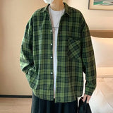 Wiaofellas  -  Trendy Harajuku Style Long Sleeve Plaid Shirt Men's Retro Casual Loose Versatile Color Block Casual Shirt Jacket for Teens