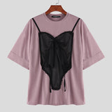 WIAOFELLAS  -  Men T Shirt Lace Patchwork O-neck Short Sleeve Loose Male Tee Tops Streetwear Summer 2025 Fashion Men Clothing S-5XL