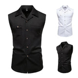 WIAOFELLAS  -  Men's Sleeveless Lapel Solid Color Shirt American Fashion Trend Simple Slim Breathable Business Daily Summer New Men's Tops