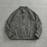 WIAOFELLAS  -  Vertical collar button-down tooling biker jacket men's texture granular bead canvas woven vintage casual Detroit jacket