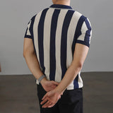 WIAOFELLAS  -  New Chic Striped Polo Shirt Light Luxury Hollow Out Knitted T-shirts Korean Style Zipper Short Sleeve Tops Breathable Knitwear
