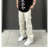 WIAOFELLAS  -  Men's Clothing Spring Autumn Vacation Solid Color Elastic High Waisted Pockets Casual Fashionable Preppy Style Trousers Pants